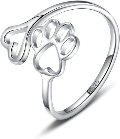 Handcrafted Paw Print Heart 925 Sterling Silver Adjustable Ring