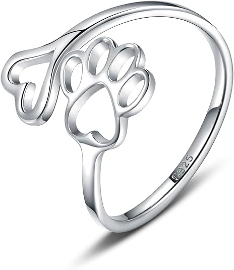 Handcrafted Paw Print Heart 925 Sterling Silver Adjustable Ring