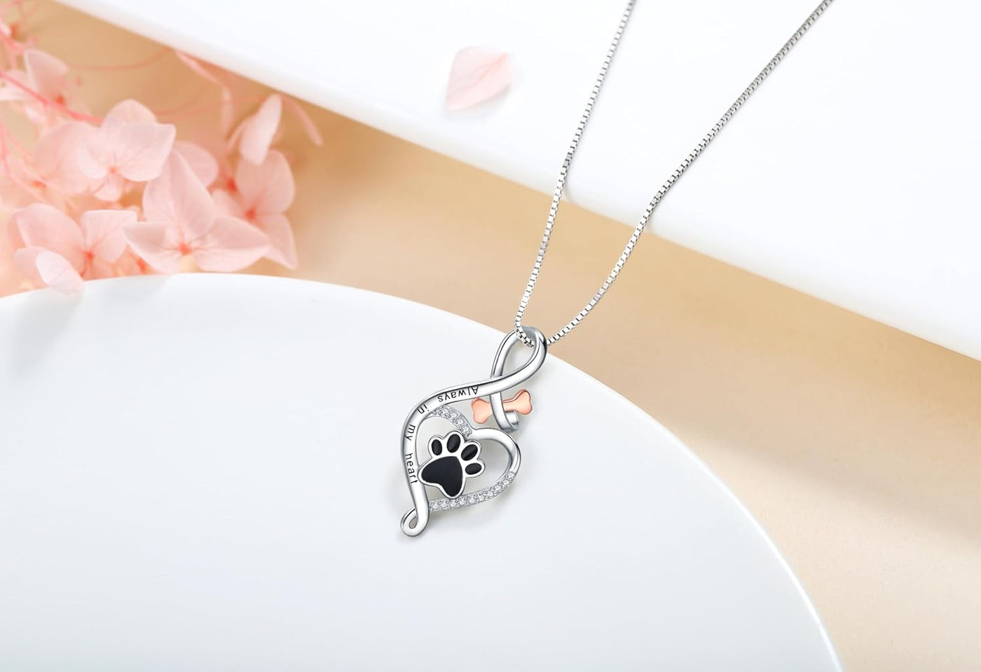 Lucky Necklace with Paw, Heart & Bone – "Always in my heart" Pendant