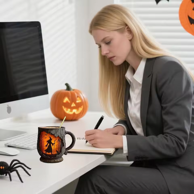 Handmade 3D Halloween Mug – Witch & Cat Design