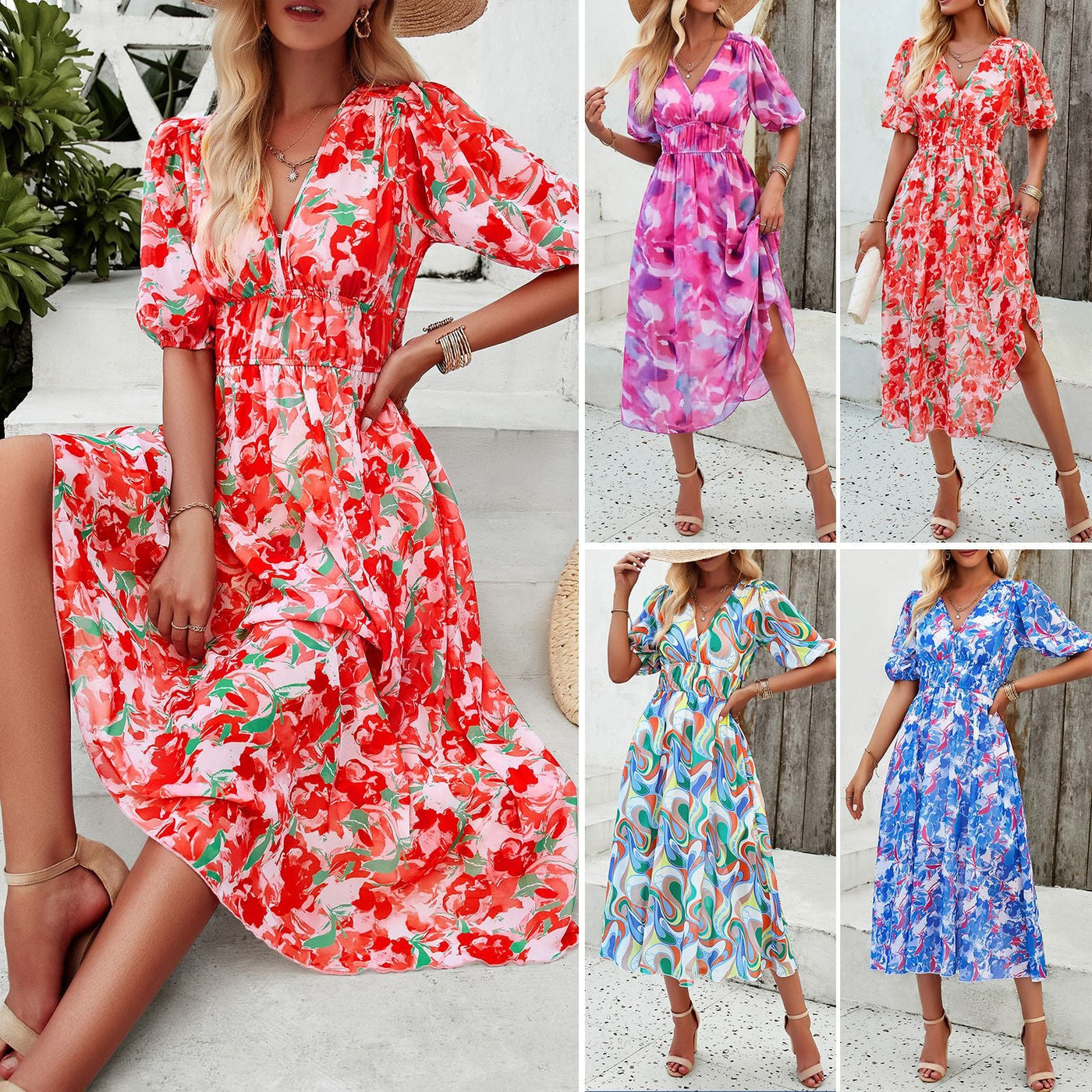 Vivian – Floral Puff Sleeve Midi Dress