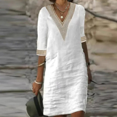 Avery ™ - Elegant V-neck Solid Color Cotton Linen Dress