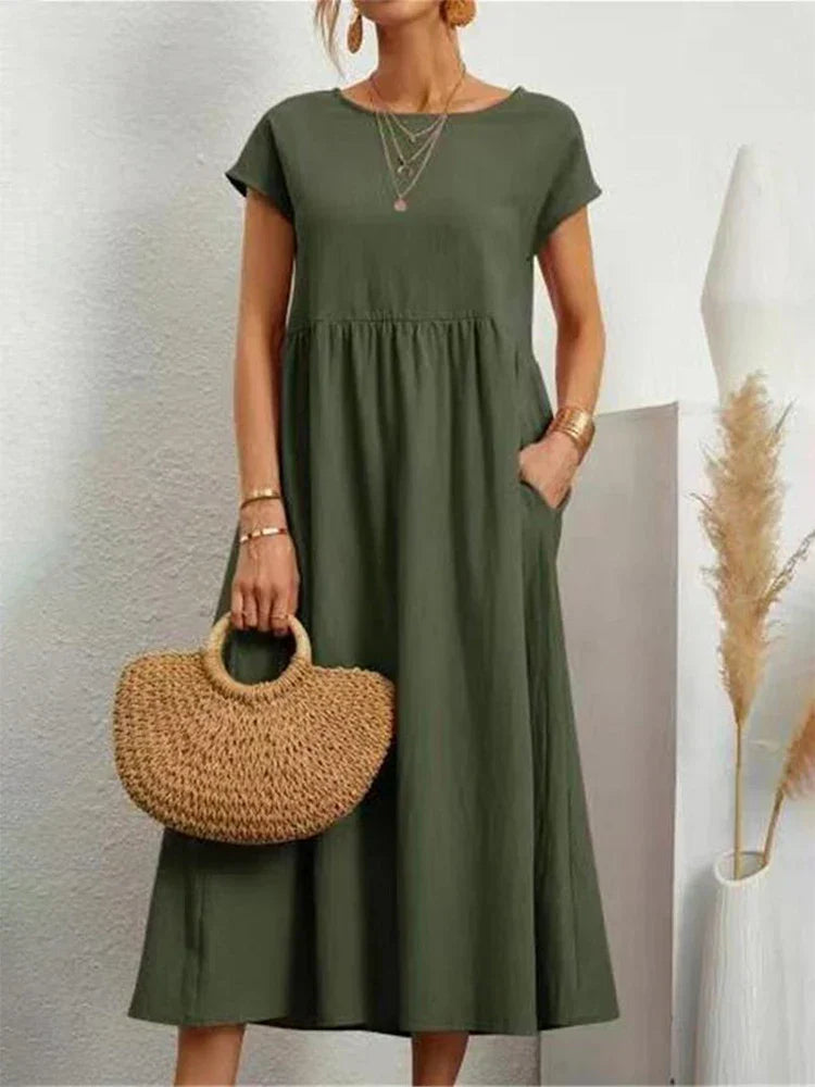 Janet™ - Elegant Vintage Harajuku Cotton Linen Maxi Dress with Pockets