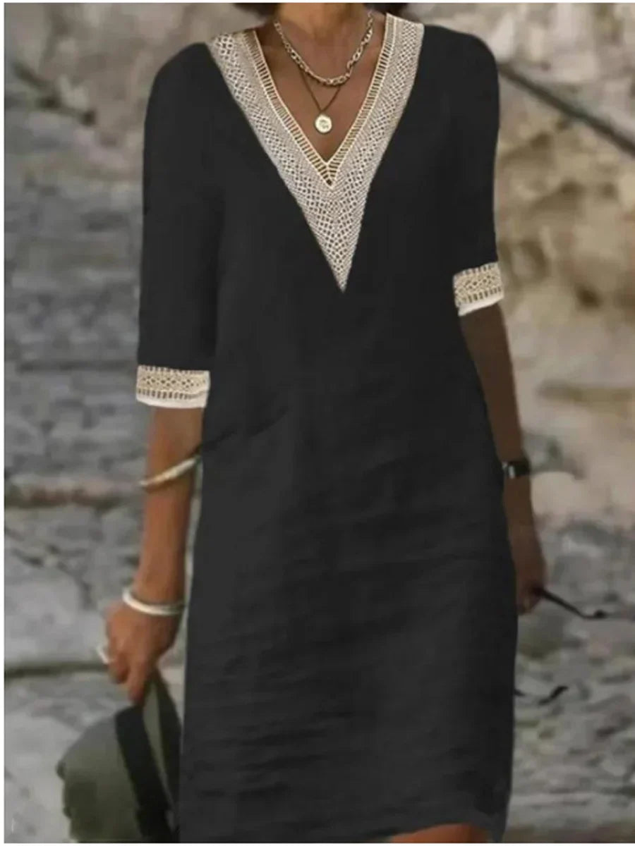Avery ™ - Elegant V-neck Solid Color Cotton Linen Dress