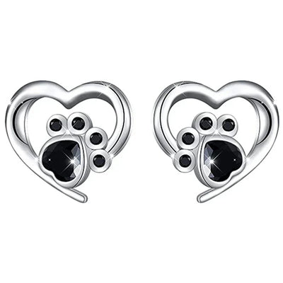 Heart Paw Stud Earrings – Silver-Colored Earrings with Black Crystal