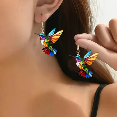 Colorful Hummingbird Dangle Earrings – Acrylic Bird Earrings in 2D Design