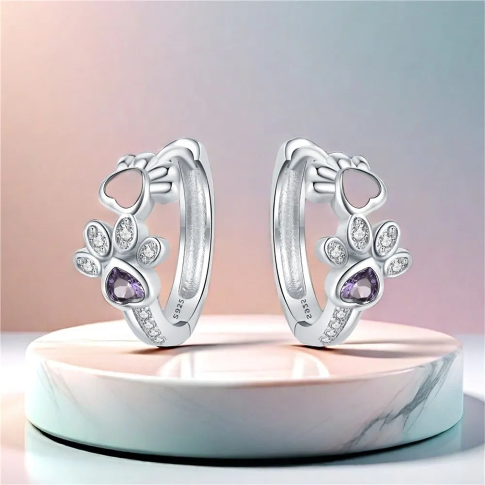 Paw Hoop Earrings made of 925 Sterling Silver – Zirconia & Heartstone Jewelry for Women
