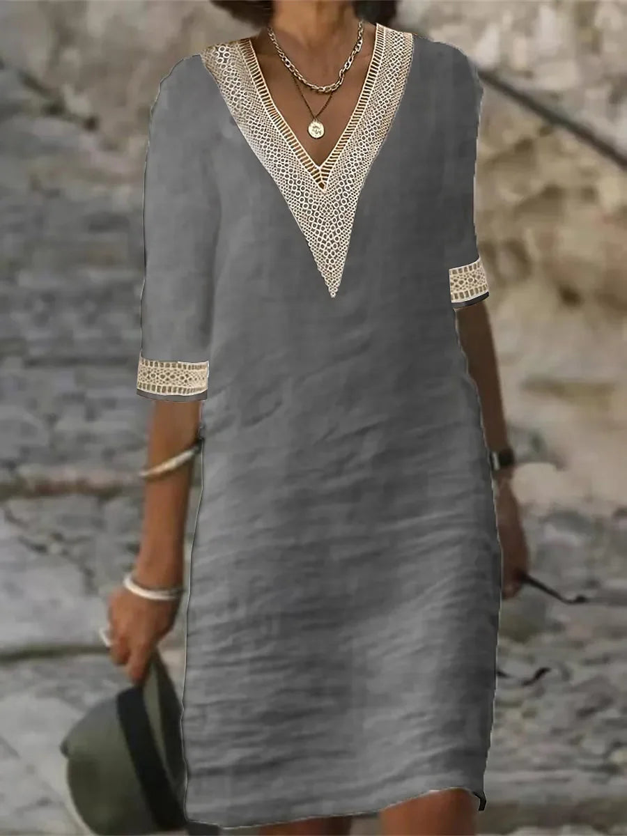 Avery ™ - Elegant V-neck Solid Color Cotton Linen Dress