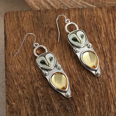 Owl Earrings with Champagne-Colored Drop Stone