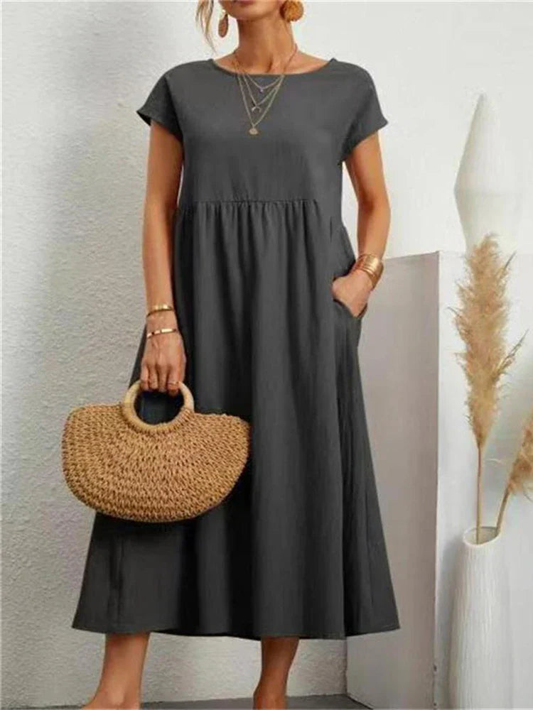 Janet™ - Elegant Vintage Harajuku Cotton Linen Maxi Dress with Pockets