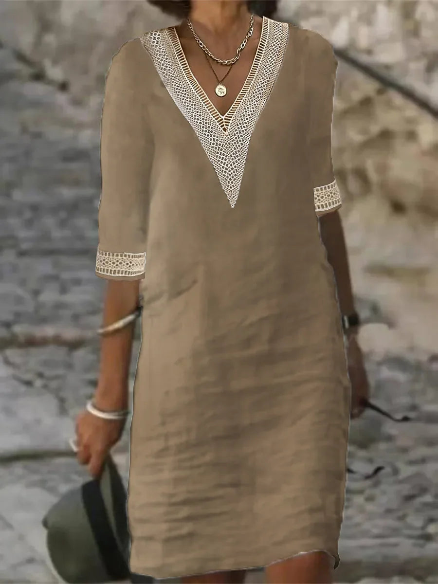 Avery ™ - Elegant V-neck Solid Color Cotton Linen Dress