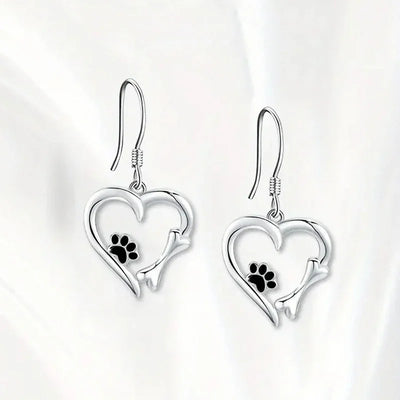 Heart-Shaped Dangle Earrings with Paw Print – Playful Silver Jewelry