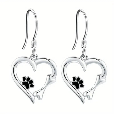 Heart-Shaped Dangle Earrings with Paw Print – Playful Silver Jewelry