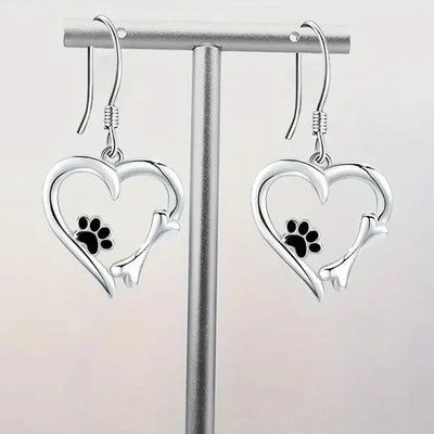 Heart-Shaped Dangle Earrings with Paw Print – Playful Silver Jewelry