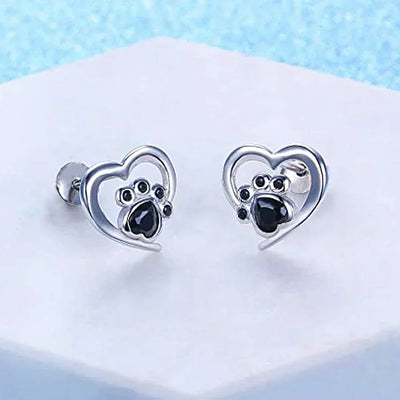 Heart Paw Stud Earrings – Silver-Colored Earrings with Black Crystal