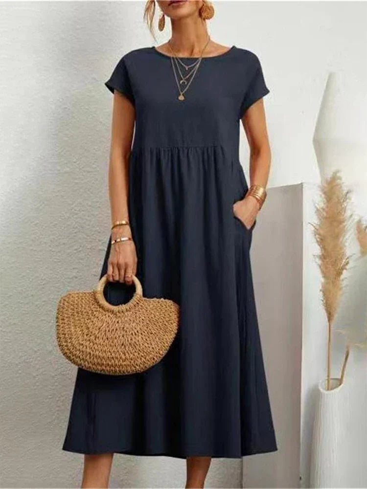 Janet™ - Elegant Vintage Harajuku Cotton Linen Maxi Dress with Pockets