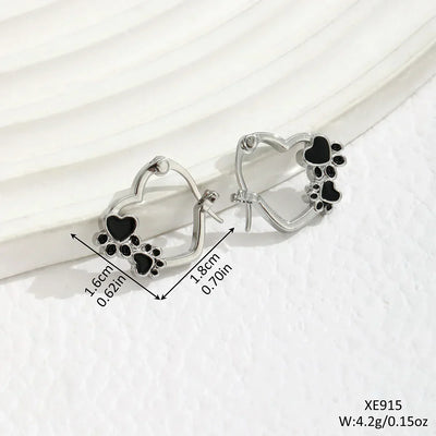 Heart-Paw Hoops – Silver Animal Motif Earrings with Black Enamel Design