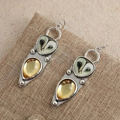 Owl Earrings with Champagne-Colored Drop Stone
