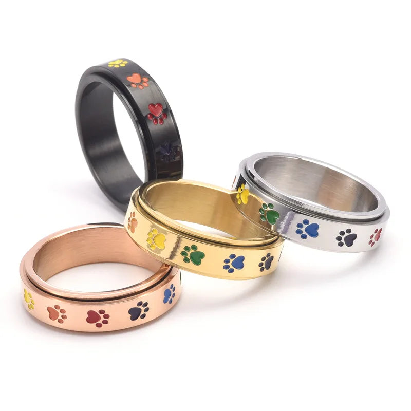 Rotatable Anti-Stress Ring with Paws – Stainless Steel Ring with Rainbow Colors