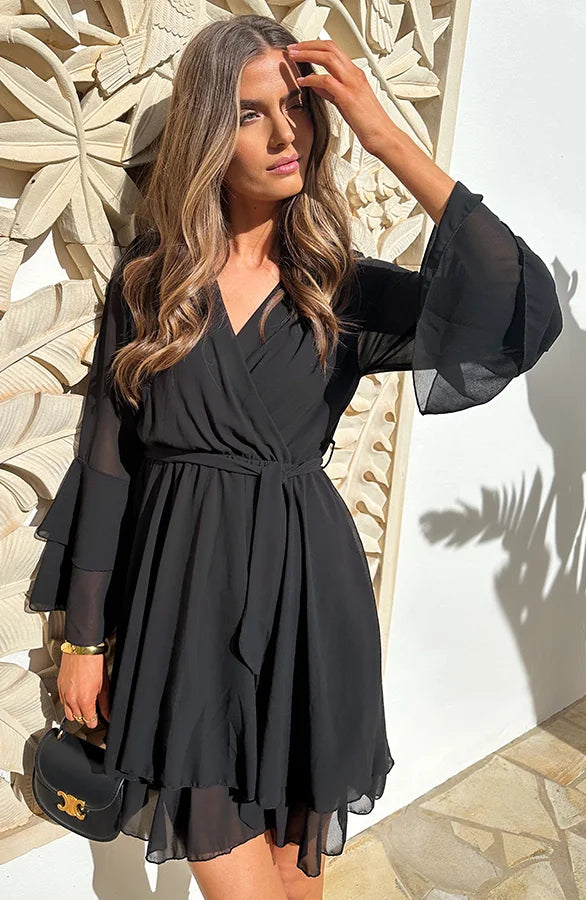 MIRA | Chiffon Ruffle Dress with V-Neckline