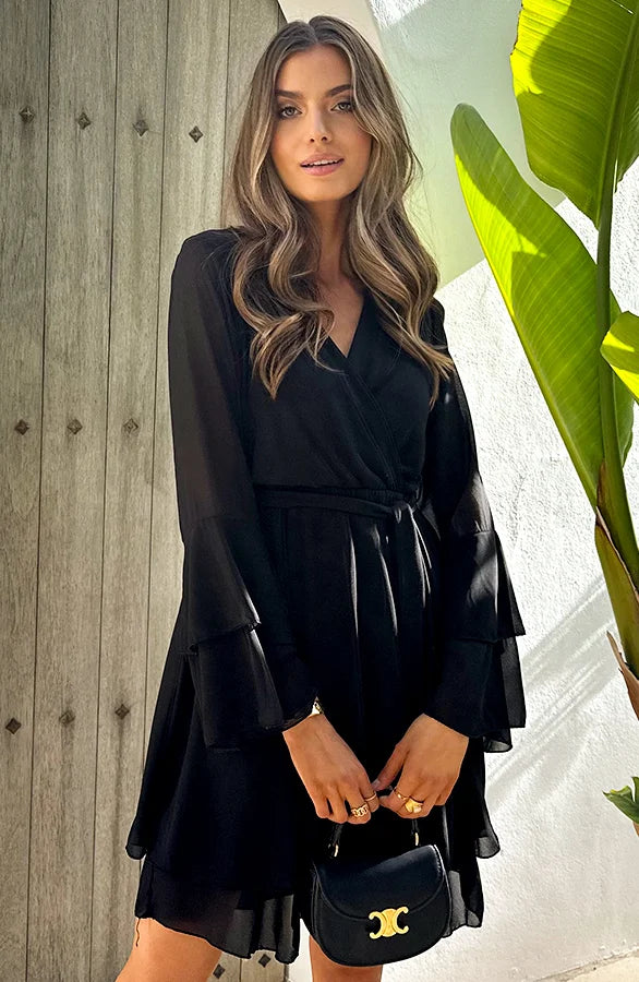 MIRA | Chiffon Ruffle Dress with V-Neckline