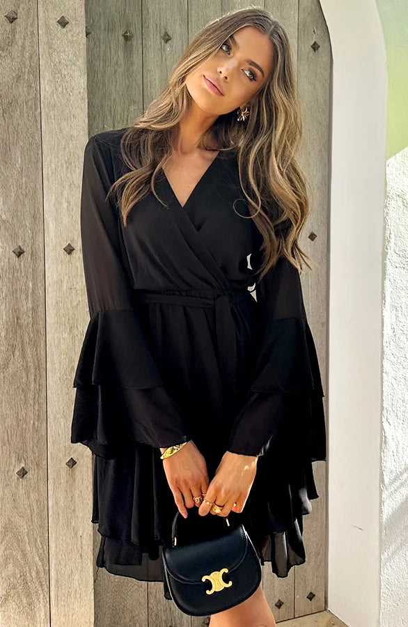 MIRA | Chiffon Ruffle Dress with V-Neckline