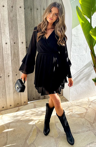 MIRA | Chiffon Ruffle Dress with V-Neckline