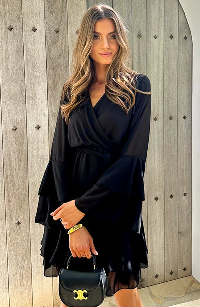 MIRA | Chiffon Ruffle Dress with V-Neckline