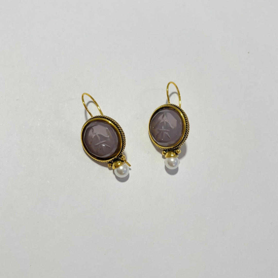 Penelope Vintage Earrings with Green Stone and Pearl